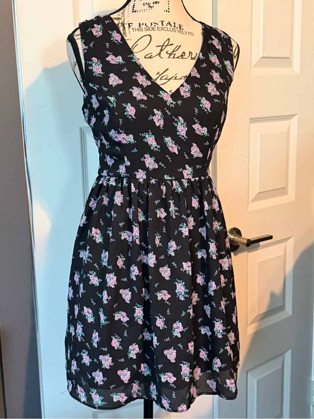 Floral Sleeveless V-Neck Dress - Black with Pink Floral